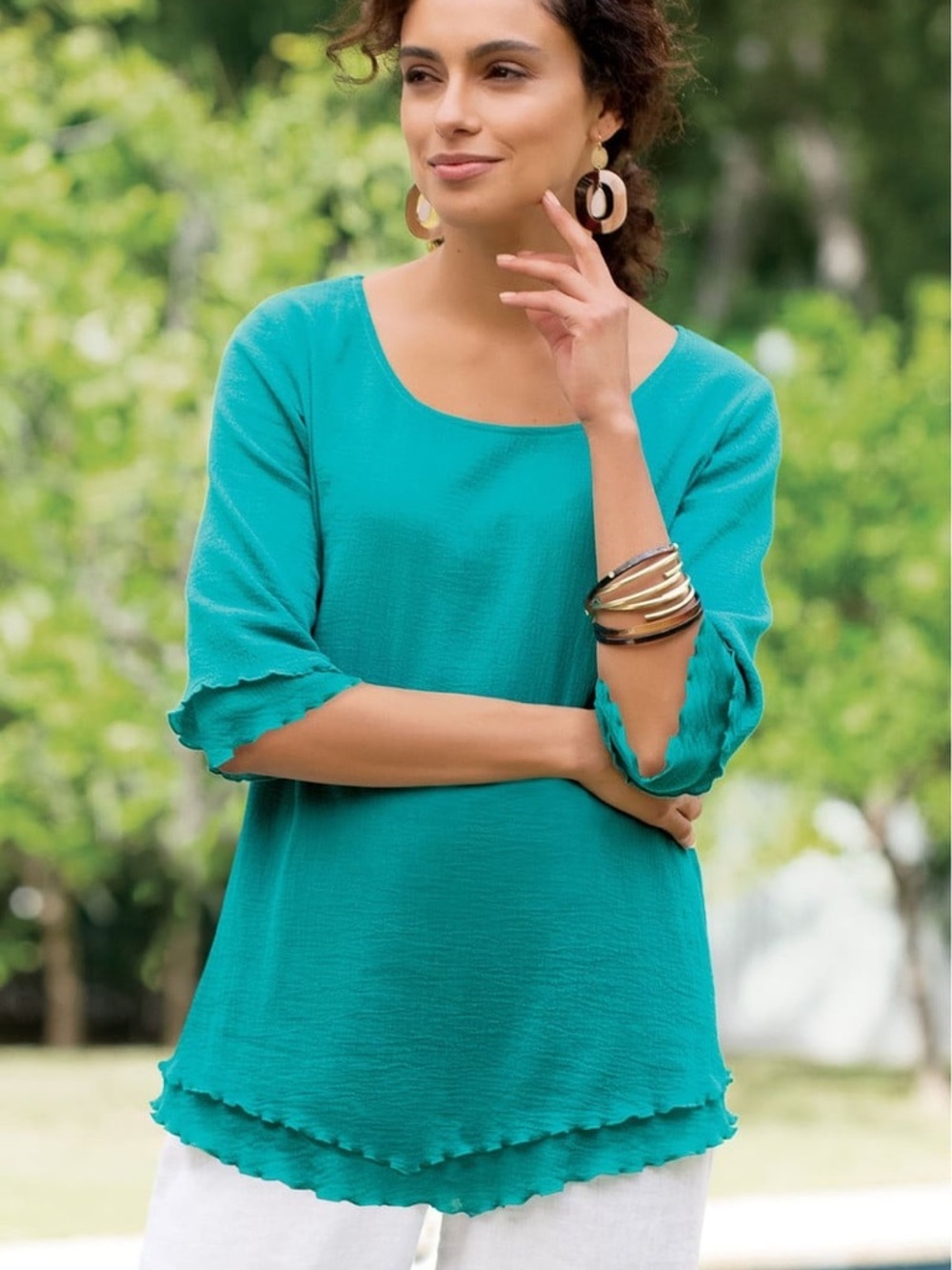Soft Surroundings Women’s Siesta Key Tunic Top Scoop Neck 3/4 Sleev Tile Blue 2X
